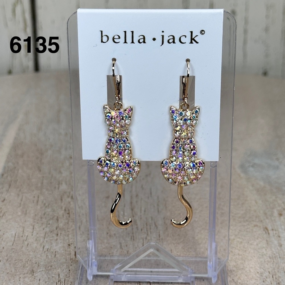 Bella Jack Cat Rhinestone Pave Gold Tone Leverback Earrings Moveable Tail NEW